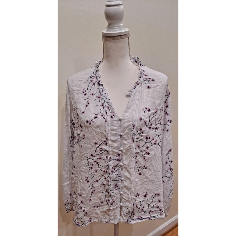 Laura Ashley 1XL Button Up Floral Cherry Blossom Top Cottagecore Milkmaid Vibes